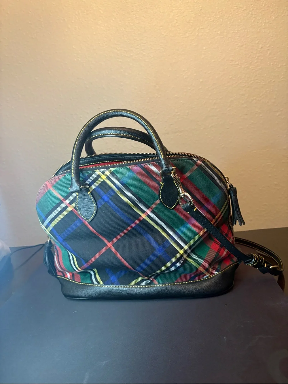 Dooney & Bourke Multicolor Plaid Dome Satchel with Black Trim